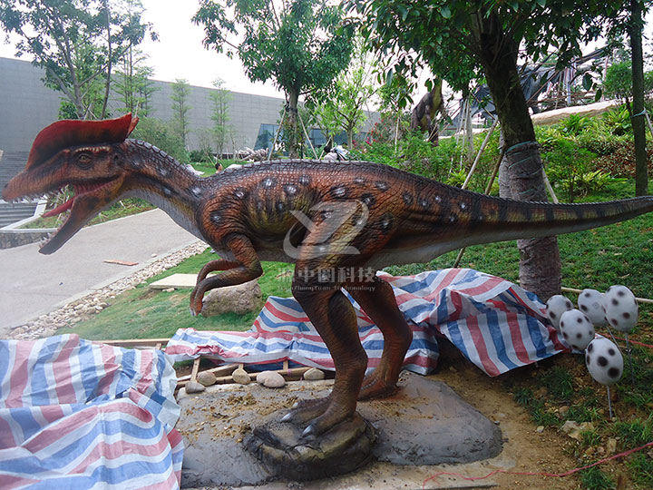 水泥雙冠龍雕塑，水泥恐龍雕塑